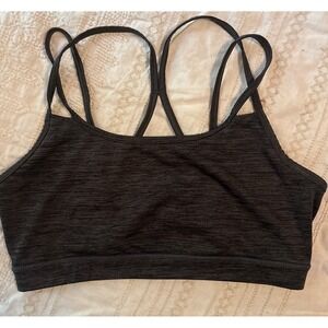 Gaiam Yoga Heathered Dark Gray Strappy Back Sports Bra, Medium